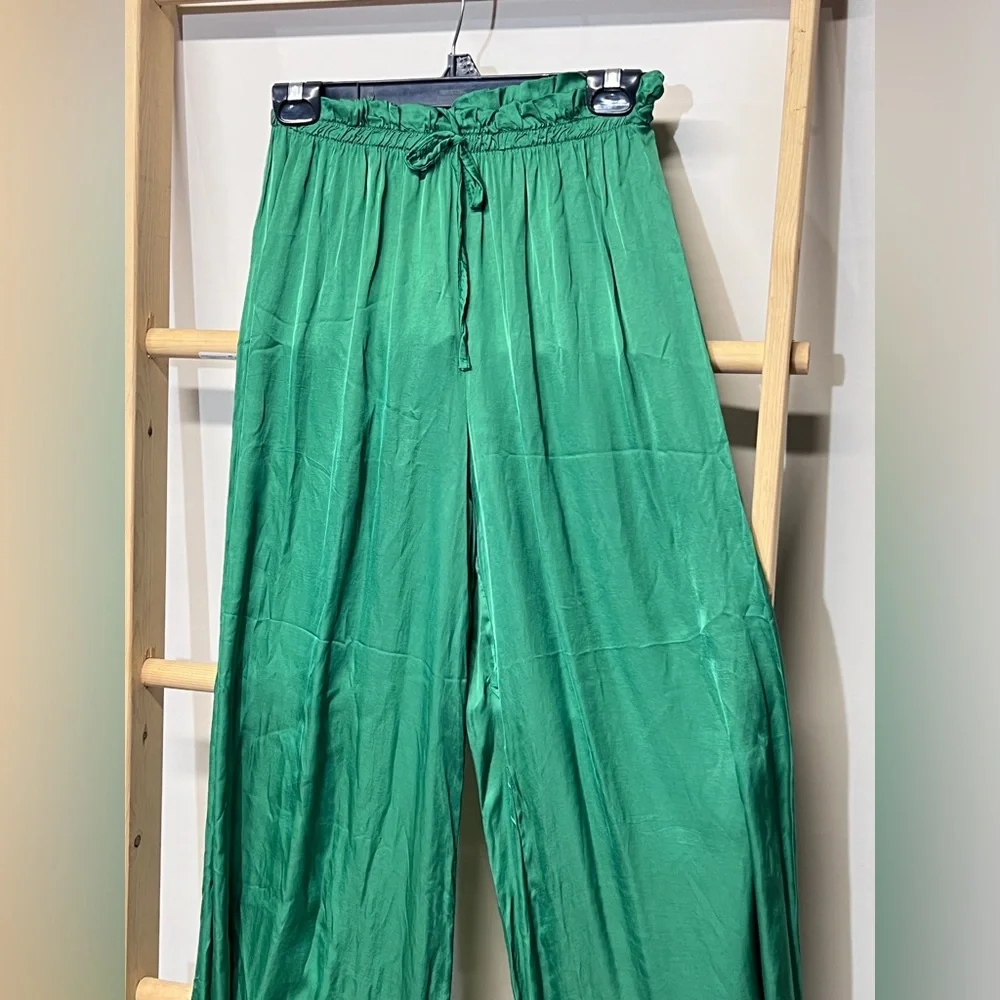 VENTI6 Vibrant kelly green silk blend wide leg palazzo pants size S - Picture 5 of 11